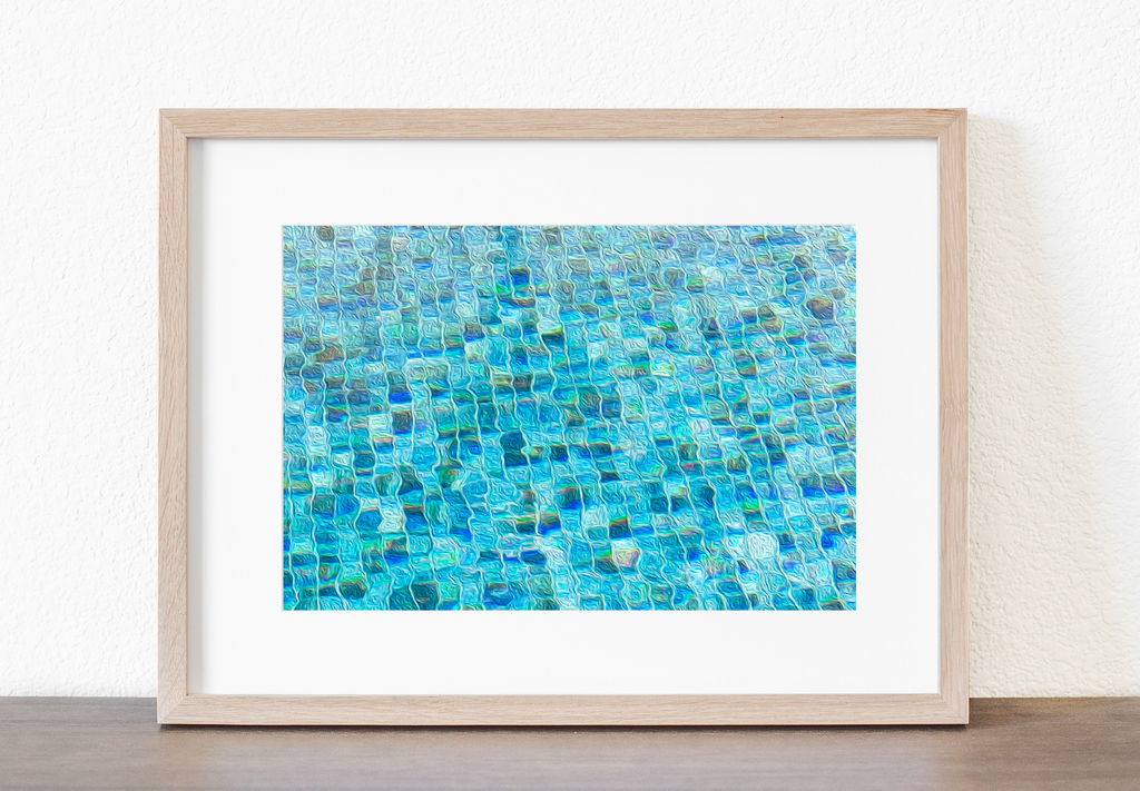 Fine art print of blue and turquoise pool tiles with sunlit reflections and soft, painterly movement.
