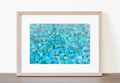 Fine art print of blue and turquoise pool tiles with sunlit reflections and soft, painterly movement.