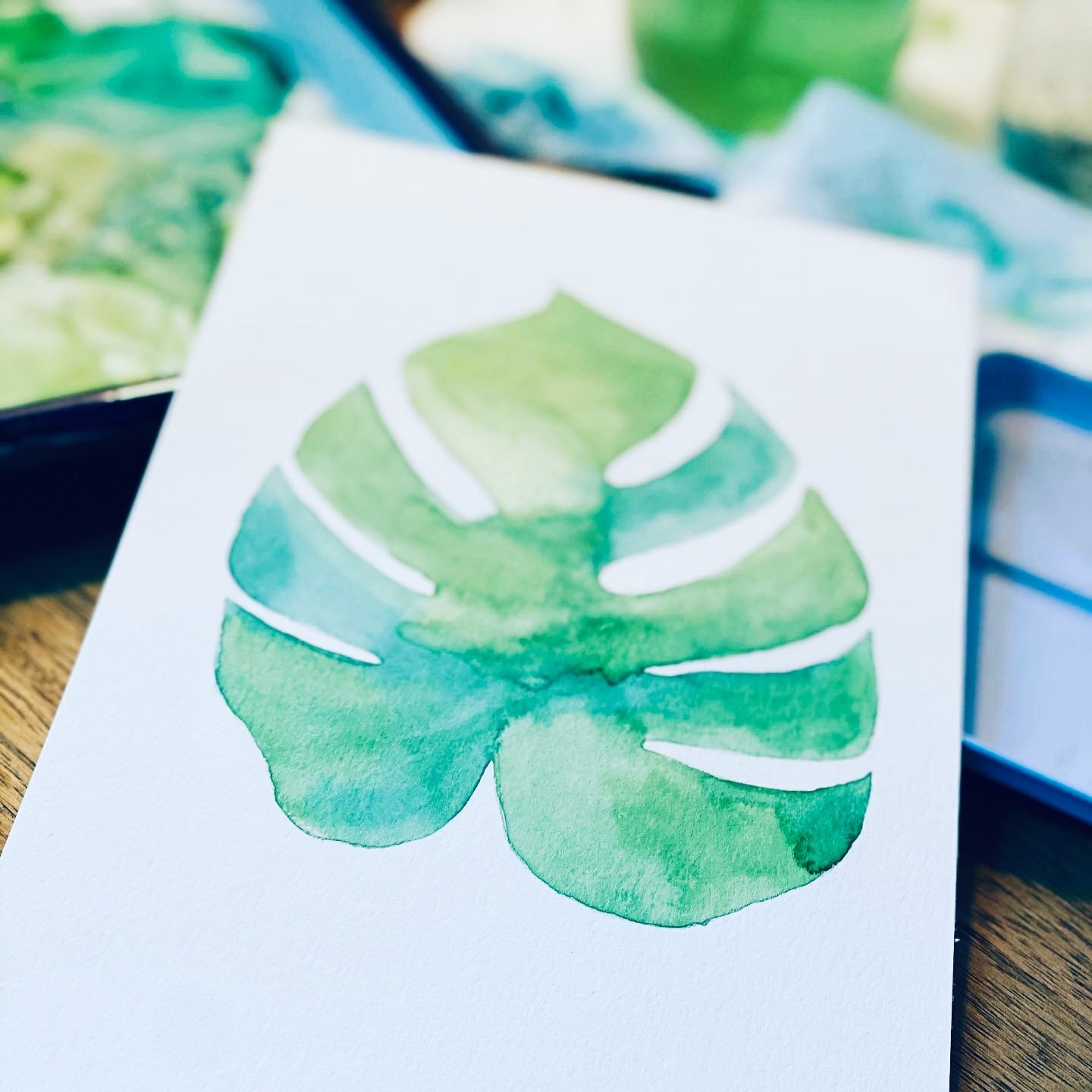Green monstera watercolor painting with soft natural textures – Shirley Browning Studio