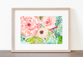Watercolor painting of soft meadow flowers in warm pinks, corals, and greens, with delicate linework and gentle, nature‑inspired details.