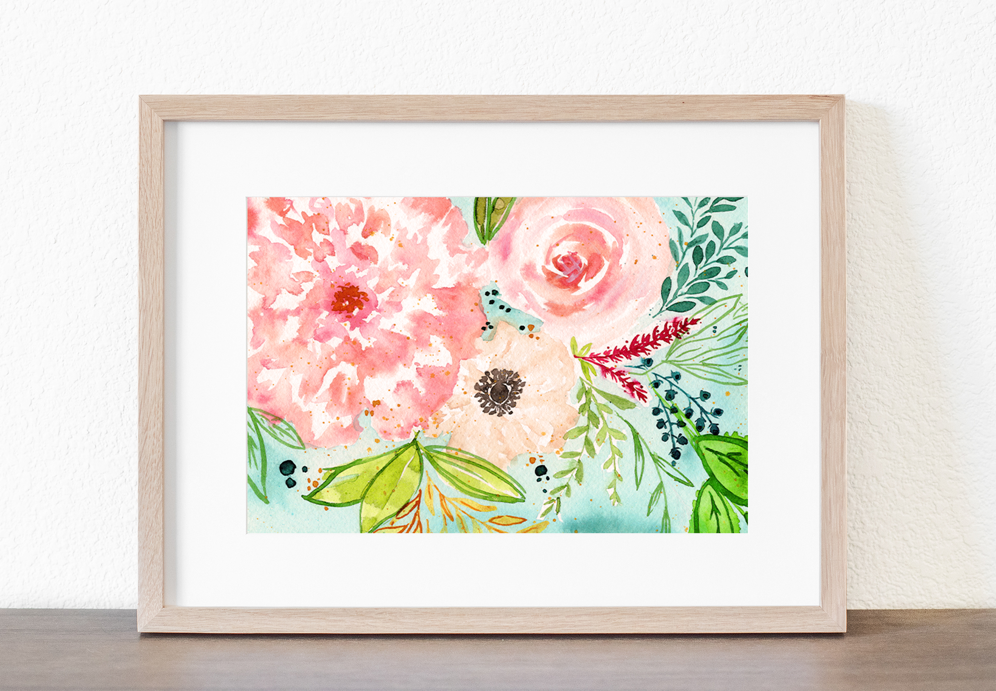 Watercolor painting of soft meadow flowers in warm pinks, corals, and greens, with delicate linework and gentle, nature‑inspired details.