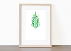Watercolor palm leaf in soft green and turquoise tones on a clean white background.