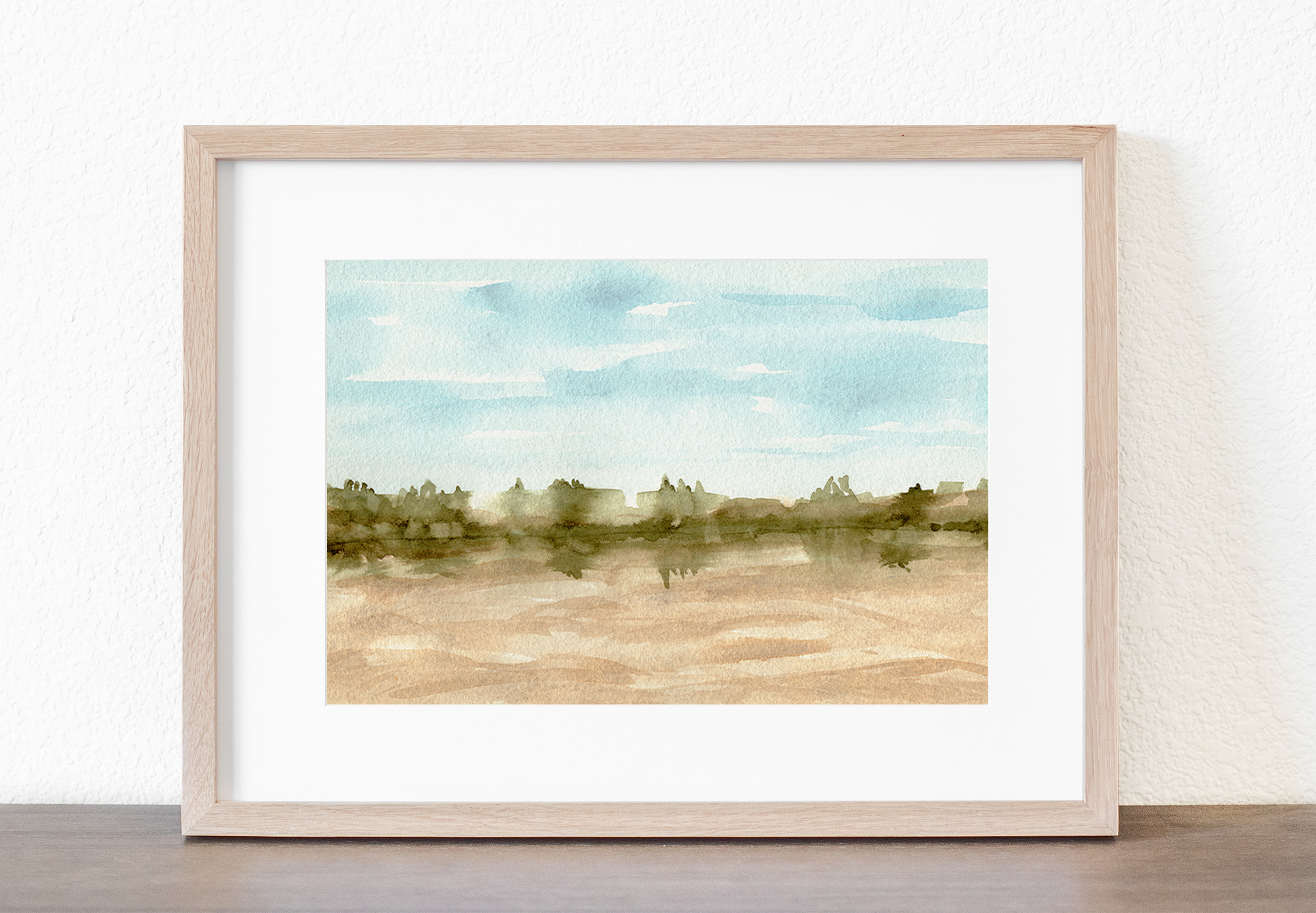 Watercolor landscape of golden hills with soft movement and a turquoise sky.